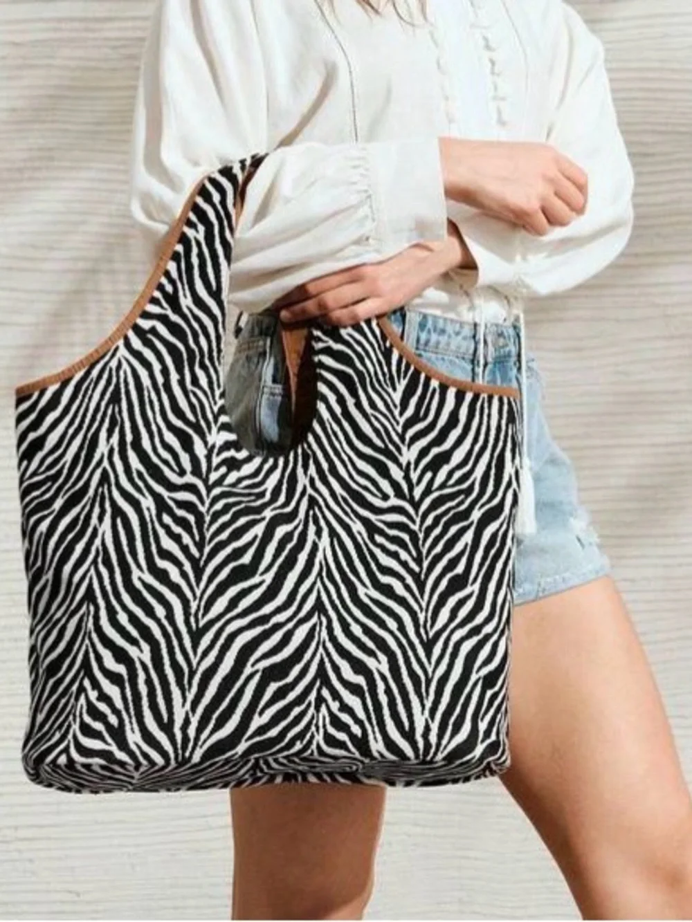 Zebra Print Tote Bag with Brown Trim - Women's Fashion Bag